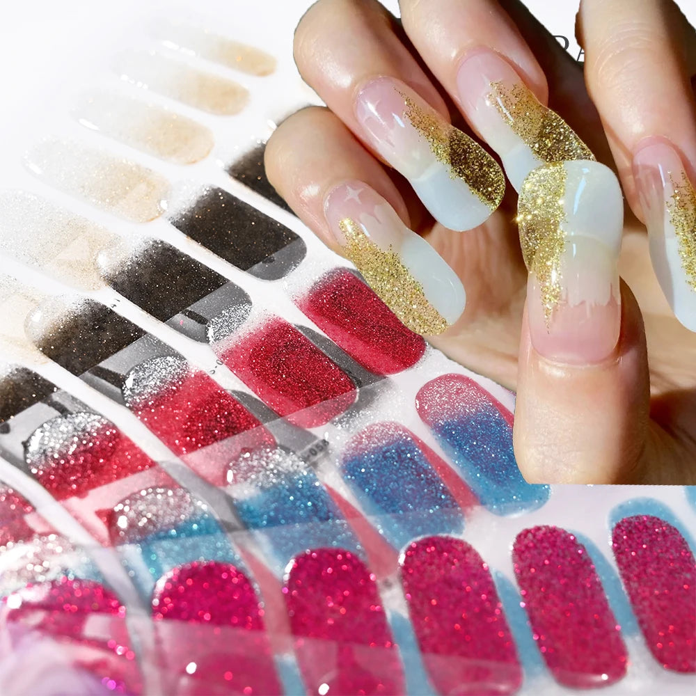Semi-Cured Gel Nail Sticker 16Tips Glitter Pink UV Gel Nail Glitter Stickers Full Cover Long-Lasting UV Lamp Cured Manicure Tips
