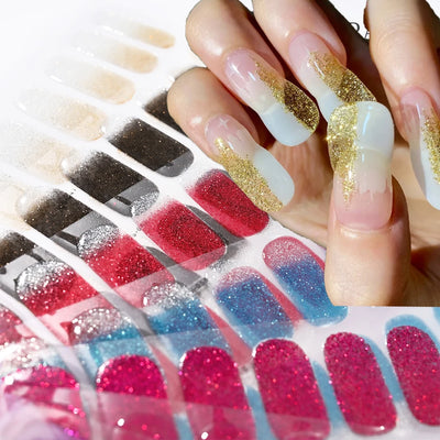 Semi-Cured Gel Nail Sticker 16Tips Glitter Pink UV Gel Nail Glitter Stickers Full Cover Long-Lasting UV Lamp Cured Manicure Tips
