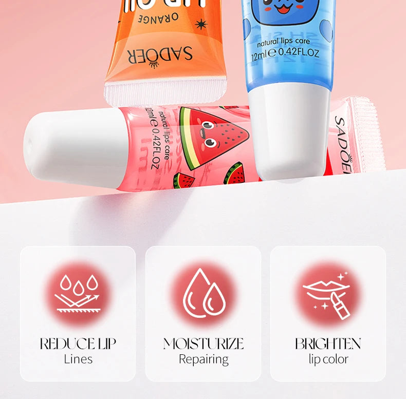 3pcs/set SADOER Crystal Jelly Lip Oil Hydrating Plumps Lip Gloss Cute Makeup Lipsticks Clear Serum Fruit Lip Balm Cosmetics Sets