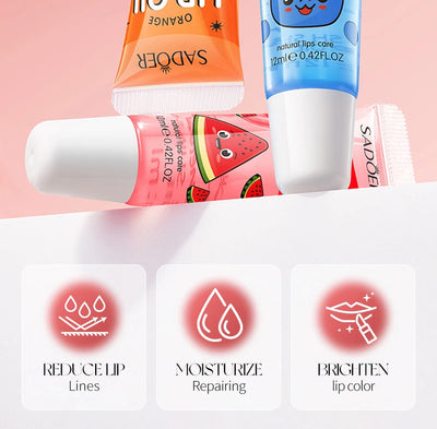 3pcs/set SADOER Crystal Jelly Lip Oil Hydrating Plumps Lip Gloss Cute Makeup Lipsticks Clear Serum Fruit Lip Balm Cosmetics Sets