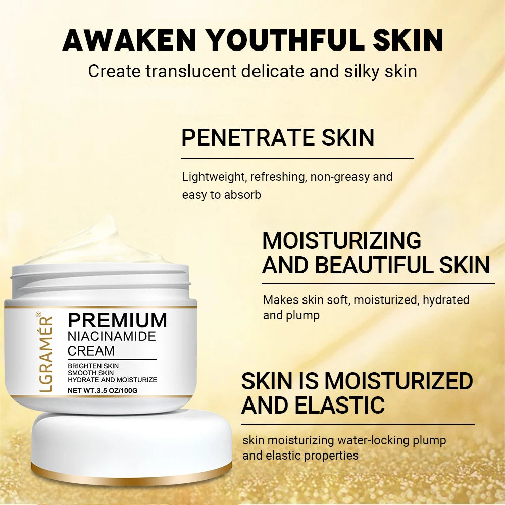 LGRAMER Gold Hyaluronic Acid Nicotinamide Face Essence Moisturize Replenishment Smooth Brighten Skin Care Firming Facial Serum