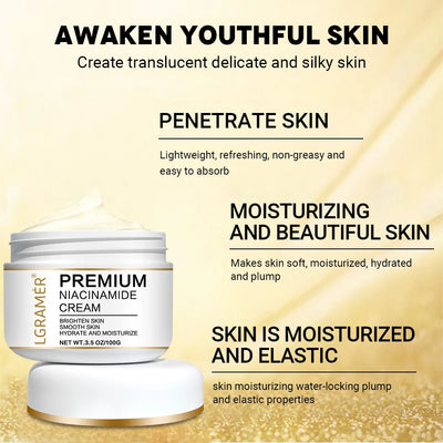 LGRAMER Gold Hyaluronic Acid Nicotinamide Face Essence Moisturize Replenishment Smooth Brighten Skin Care Firming Facial Serum