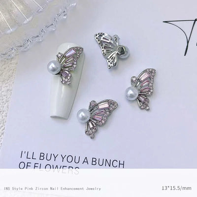 5pcs Pink Zircon Alloy Love Nail Art Charm 3D Bow Heart Moon Butterfly Planet Nail Decoration DIY Simple Design Nail Accessories