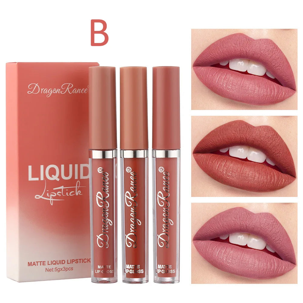 Dragon Ranee 3pcs/set Lip Glaze Velvet Matte Non-Stick Liquid Lipstick Lasting lipgloss