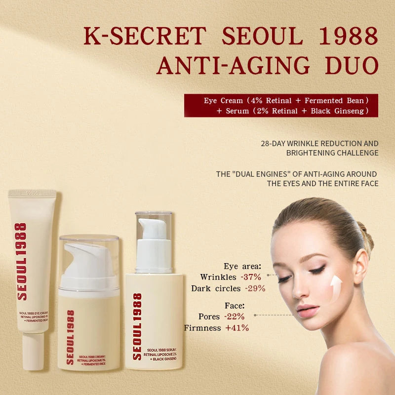 Seoul 1988 Anti-Aging Trio: 4% Retinal Eye Cream + 2% Retinal Serum w/ Black Ginseng for Wrinkles & Brightening,Korean Skincare