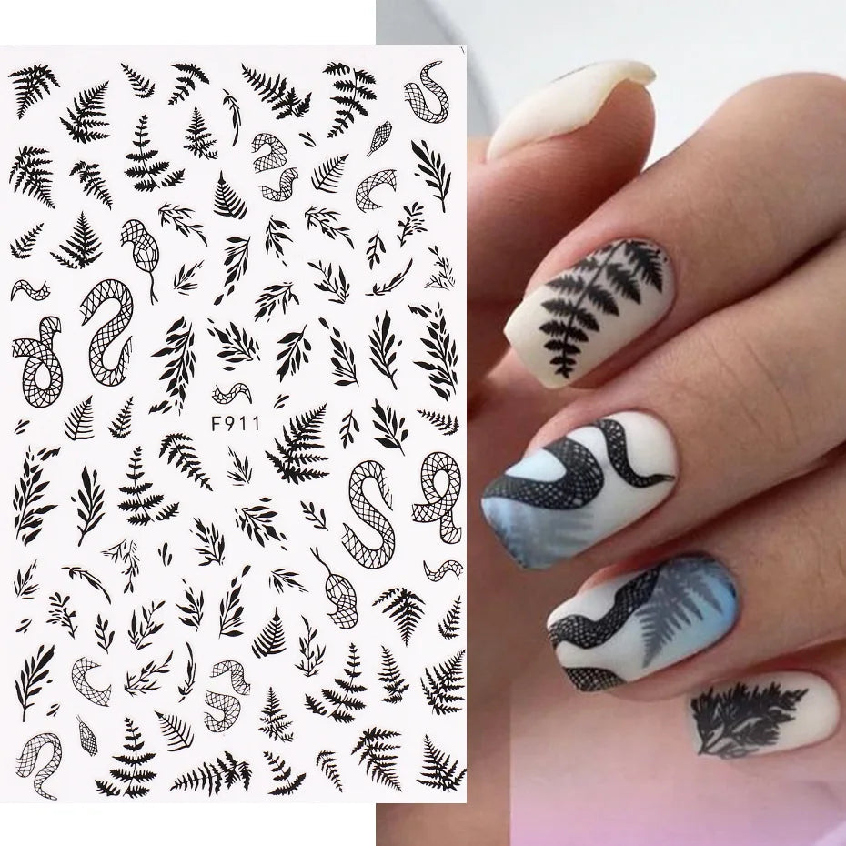 Black White Line Flower 3D Nail Sticker Nail Art Supplies Bronzing Geometric Pattern Sticker Nail Decals Nail Parts Manicure