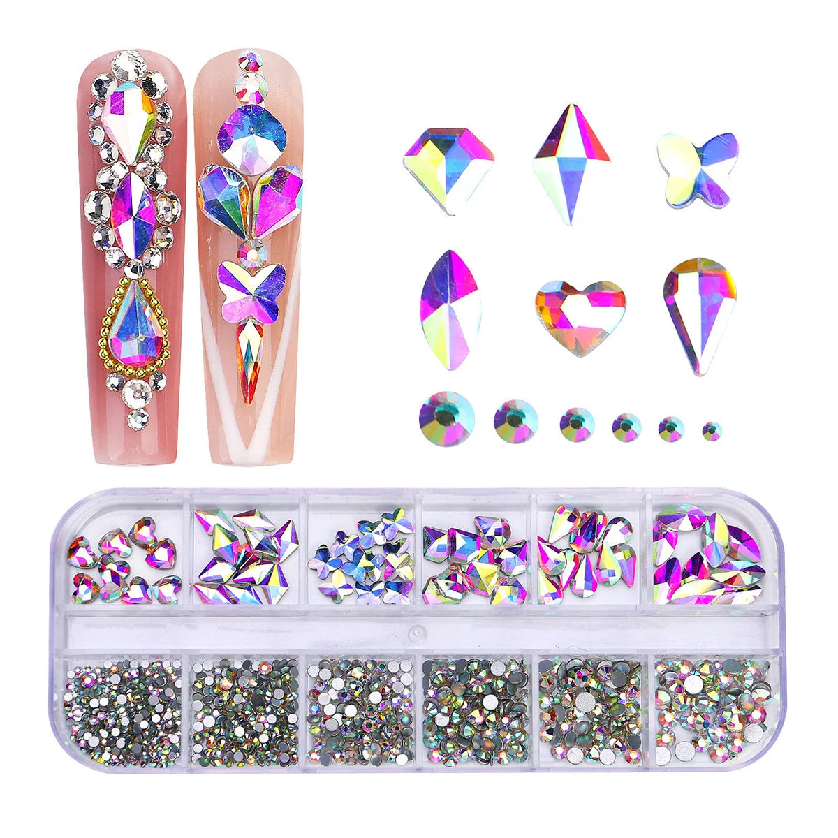 12 palace grid / 1 box of transparent plating bottom nail water diamond heart, water drop, and other size mixed nail flat bottom