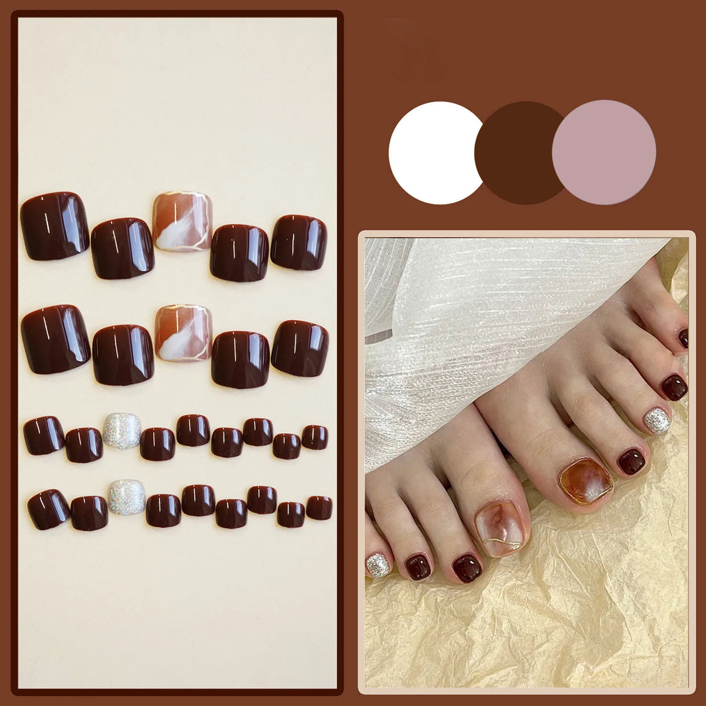 24pcs Gold Glitter Sequins False Toenails Fashion Blue Square Head Artificial Toe Nails Detachable Fake Toe Nails Full Cover