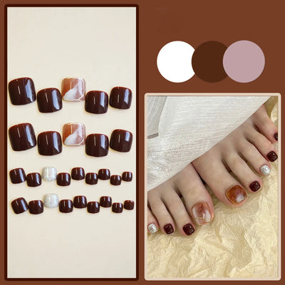 24pcs Gold Glitter Sequins False Toenails Fashion Blue Square Head Artificial Toe Nails Detachable Fake Toe Nails Full Cover