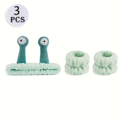 3-piece set Coral velvet snail decorative headband and, absorbent wrist towel suitable for bathing, with elastic anti slip