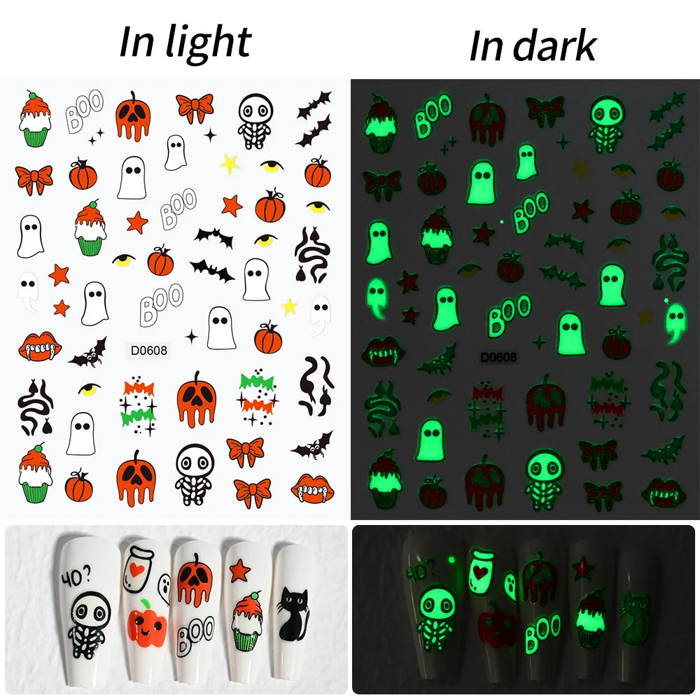 12Sheets Halloween Luminous Nail Art Stickers Cartoon Ghost /Pumpkin/Spider/Bat/Skull/Black-Cat Decals Manicure Adhesive Sliders