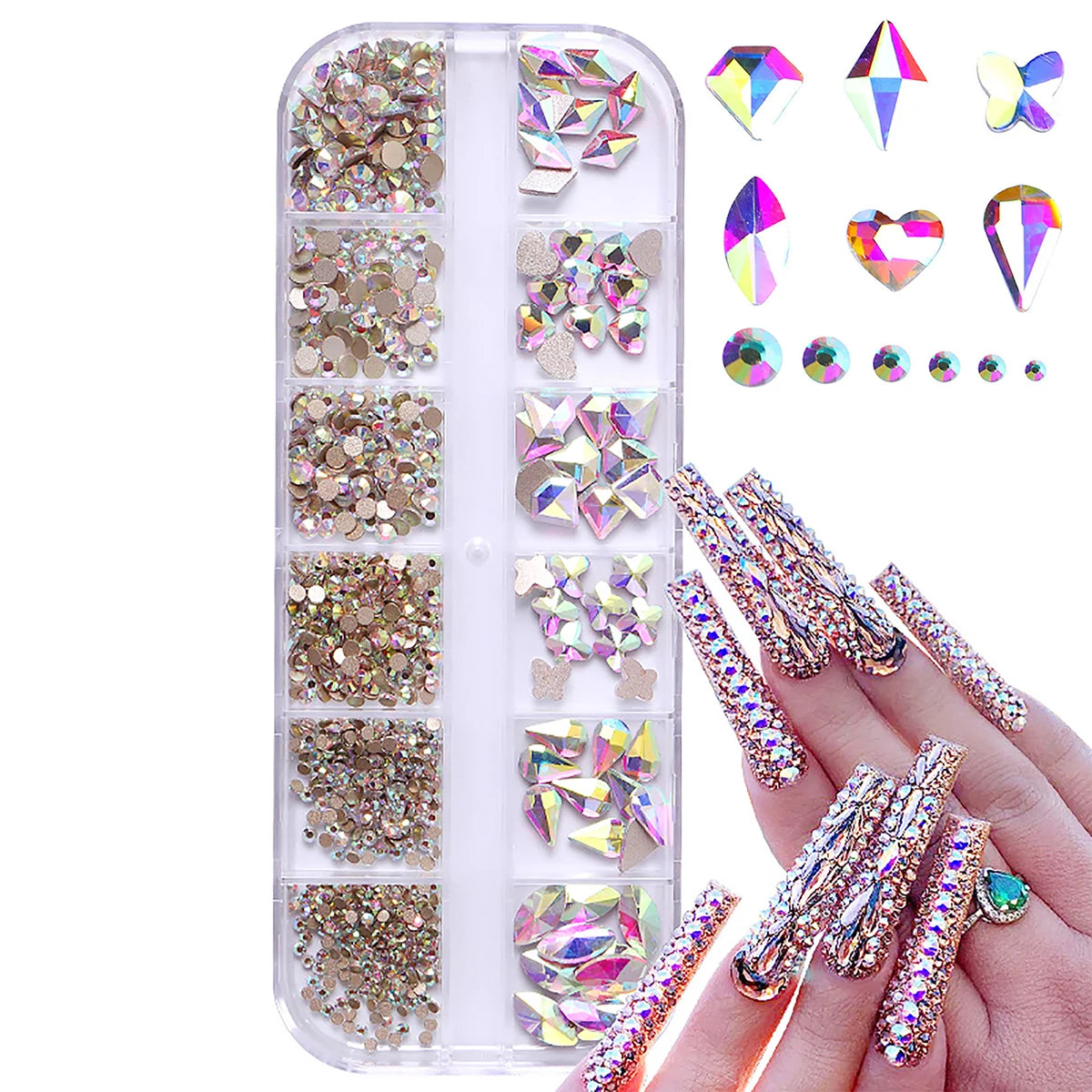 12 palace grid / 1 box of transparent plating bottom nail water diamond heart, water drop, and other size mixed nail flat bottom
