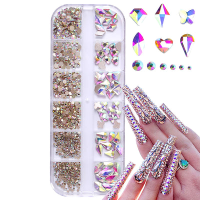 12 palace grid / 1 box of transparent plating bottom nail water diamond heart, water drop, and other size mixed nail flat bottom