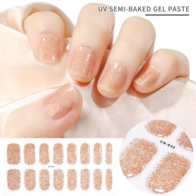 Semi-Cured Gel Nail Sticker 16Tips Glitter Pink UV Gel Nail Glitter Stickers Full Cover Long-Lasting UV Lamp Cured Manicure Tips