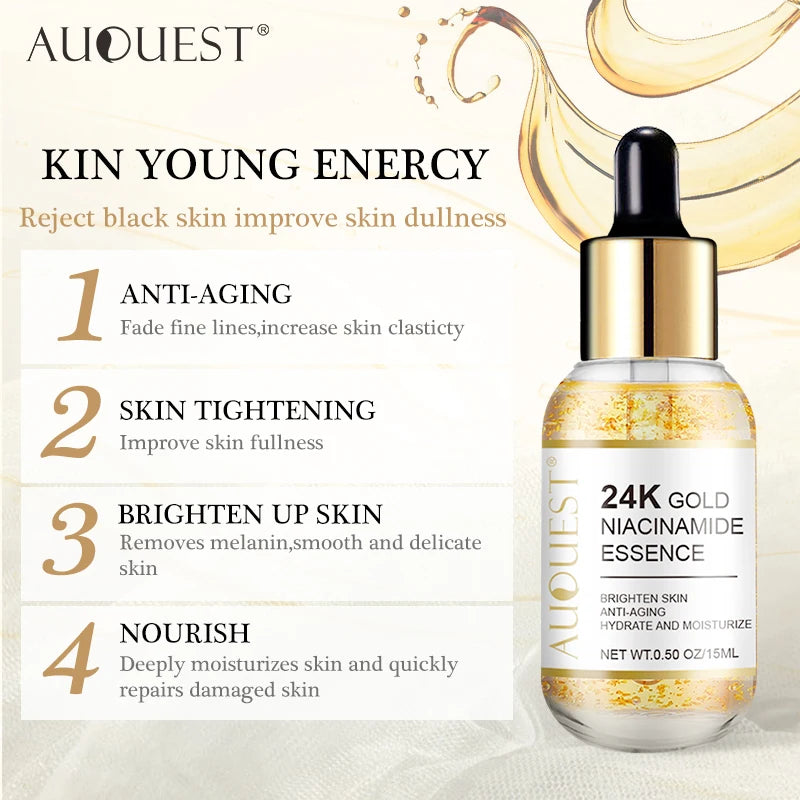 AUQUEST 24k Gold Face Serum Hyaluronic Acid Serum Moisturizing Whitening Anti Aging Wrinkle Face Skin Care 15ml