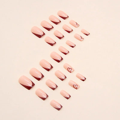 24 PCs Short Square French Heart Simple Nails with 1 Jelly Glue and 1 Nail File