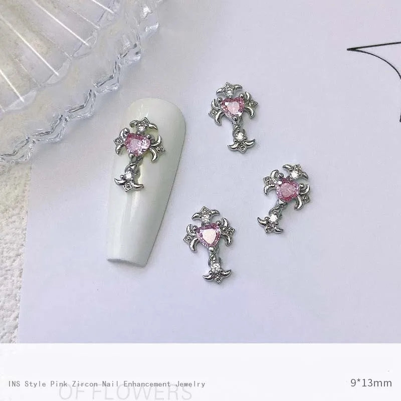 5pcs Pink Zircon Alloy Love Nail Art Charm 3D Bow Heart Moon Butterfly Planet Nail Decoration DIY Simple Design Nail Accessories