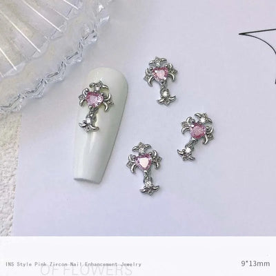 5pcs Pink Zircon Alloy Love Nail Art Charm 3D Bow Heart Moon Butterfly Planet Nail Decoration DIY Simple Design Nail Accessories