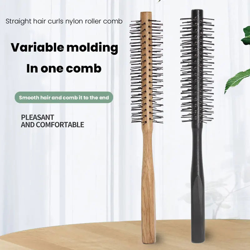 Nylon Round Hair Brush Anti-Static Comb Hairdressing Blow Drying Blow Bangs Pear Head Straight Hair Hairdressing Wooden Comb