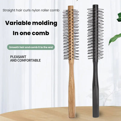 Nylon Round Hair Brush Anti-Static Comb Hairdressing Blow Drying Blow Bangs Pear Head Straight Hair Hairdressing Wooden Comb