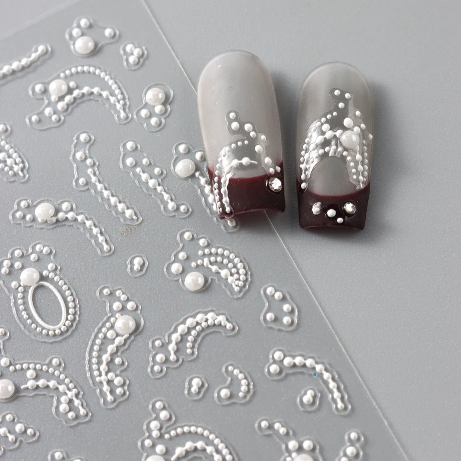 White 5D Pearl Lace Wave Lines Nail Art Stickers Elegant Exquisite Nail Decoration Decals Self Adhesive Transfer Slider Manicure