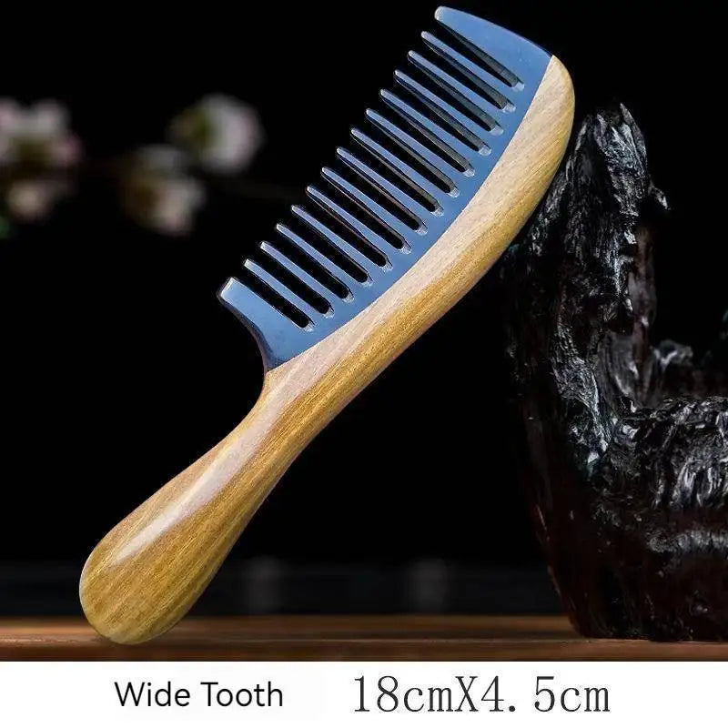 Handmade Natural Green Sandalwood with Buffalo Horn Hair Comb Anti-Static Fine Wide Tooth Hair Detangler Head Scalp Massage