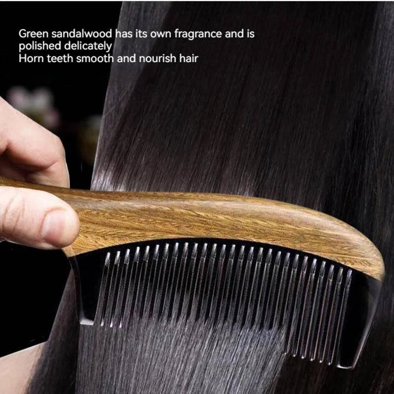 Handmade Natural Green Sandalwood with Buffalo Horn Hair Comb Anti-Static Fine Wide Tooth Hair Detangler Head Scalp Massage
