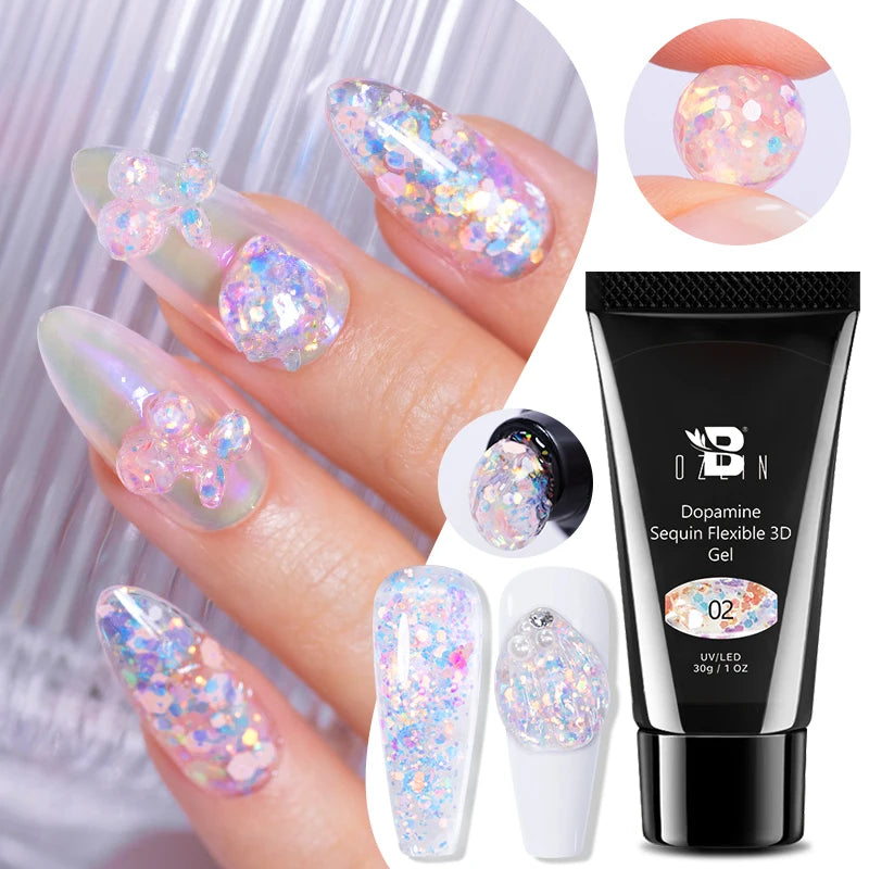 30g Dopamine Sequin Flexible 3D Gel Non Stick Hand Solid Extension Nail Gel Nude Pink White Extension Gel Rhinestone Glue Gel