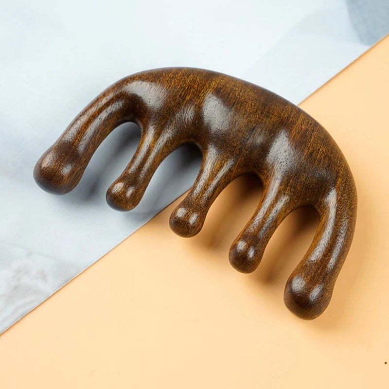 Sandalwood Head Meridian Massage Comb with Five Teeth Antistatic Massager Acupuncture Therapy Blood Circulation Wooden Combs