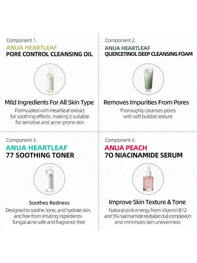 Heartleaf 77% Skincare 4-Piece Set - Deep Cleansing Cleanser, Toner, Peach 70 Face Serum, Pore Cleansing Oil, Daily Skincare Set