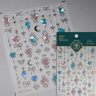 Cat's Eye 5D Gradient European Love Heart Gem Wing Crystal Geometric Colorful Self Adhesive Nail Art Stickers Manicure Decals