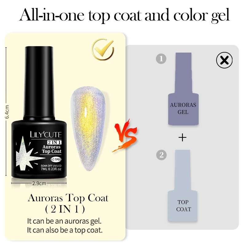Lilycute Auroras Effect Gel Nail Polish Top Coat Summer Purple Spar Glitter Laser Semi Permanent Soak Off Nail Art Gel Varnish