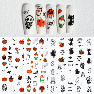 12Sheets Halloween Luminous Nail Art Stickers Cartoon Ghost /Pumpkin/Spider/Bat/Skull/Black-Cat Decals Manicure Adhesive Sliders