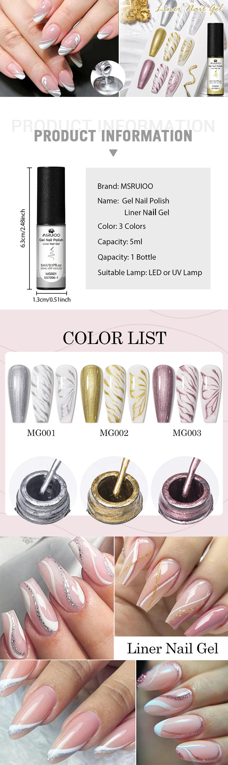 5ml Metallic Painting Liner Gel Nail Polish Set Gold Silver Pink Semi-Permanent Line UV Gel Varnish For Drawing French Nails