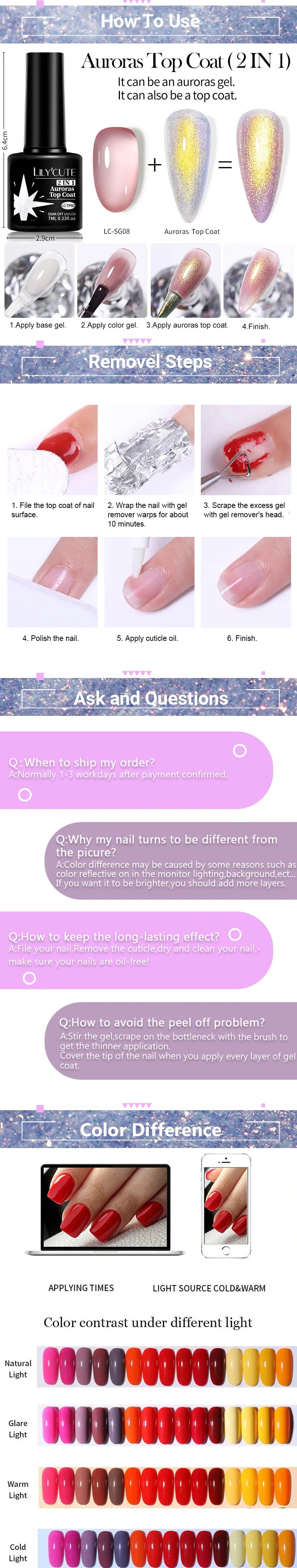 Lilycute Auroras Effect Gel Nail Polish Top Coat Summer Purple Spar Glitter Laser Semi Permanent Soak Off Nail Art Gel Varnish