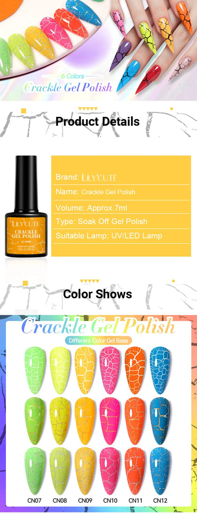 LILYCUTE 7ml Fluorescent Crackle Gel Nail Polish Summer Neon Red Green Vernis Semi Permanent UV Gel Nail Art Manicure For Nails