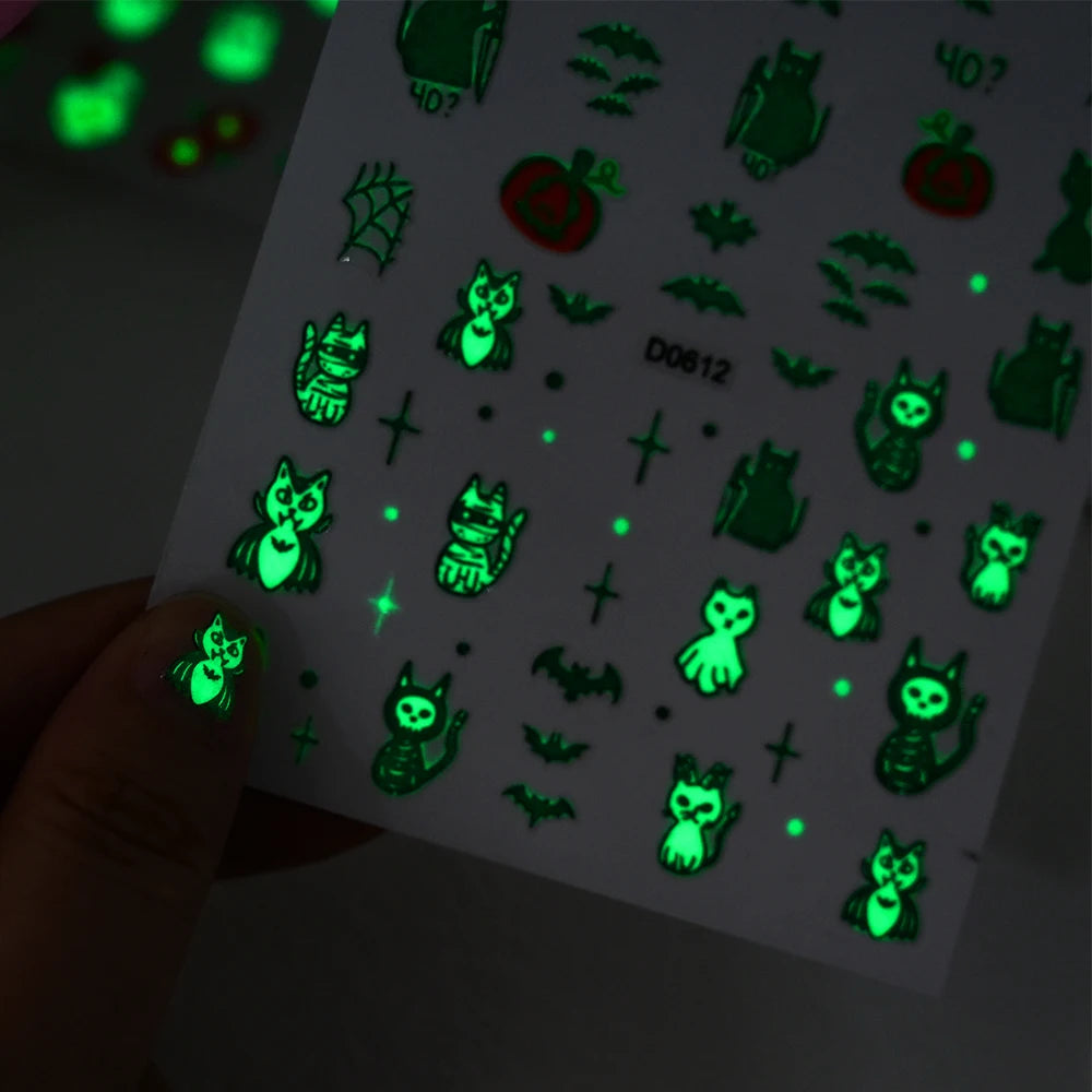 12Sheets Halloween Luminous Nail Art Stickers Cartoon Ghost /Pumpkin/Spider/Bat/Skull/Black-Cat Decals Manicure Adhesive Sliders
