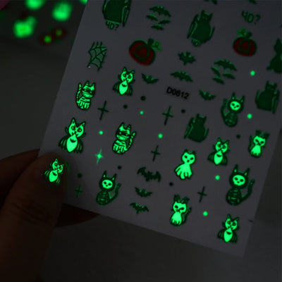 12Sheets Halloween Luminous Nail Art Stickers Cartoon Ghost /Pumpkin/Spider/Bat/Skull/Black-Cat Decals Manicure Adhesive Sliders