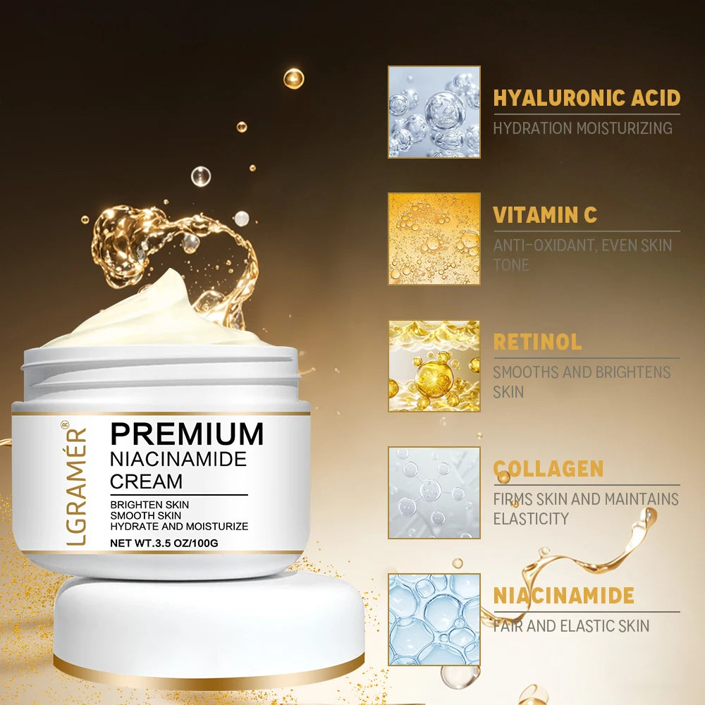 LGRAMER Gold Hyaluronic Acid Nicotinamide Face Essence Moisturize Replenishment Smooth Brighten Skin Care Firming Facial Serum