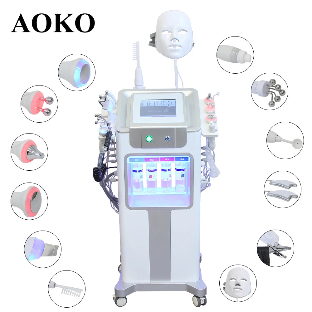 AOKO New 12 IN1 Hydro Dermabrasion Aqua Peeling Ultrasound Facial Care Oxygen Injection Skin Rejuvenation Whiting Beauty Machine