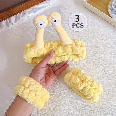 3-piece set Coral velvet snail decorative headband and, absorbent wrist towel suitable for bathing, with elastic anti slip