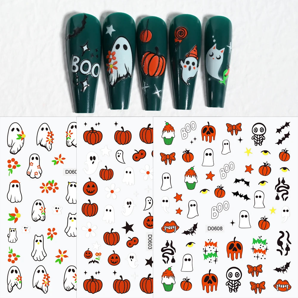 12Sheets Halloween Luminous Nail Art Stickers Cartoon Ghost /Pumpkin/Spider/Bat/Skull/Black-Cat Decals Manicure Adhesive Sliders