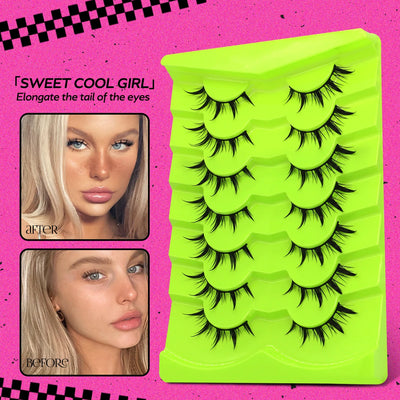 GROINNEYA Cat Eye Lashes Natural long Manga Lashes Faux Mink Eyelashes Winged End Eye Elongated Eyelashes Fake Lashes Soft