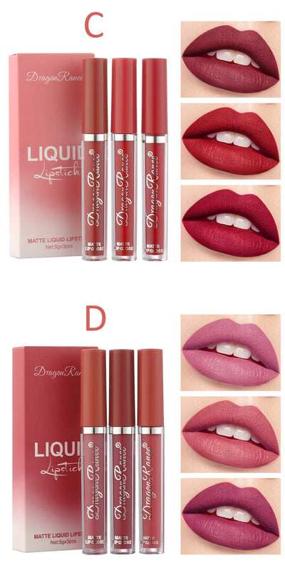 Dragon Ranee 3pcs/set Lip Glaze Velvet Matte Non-Stick Liquid Lipstick Lasting lipgloss
