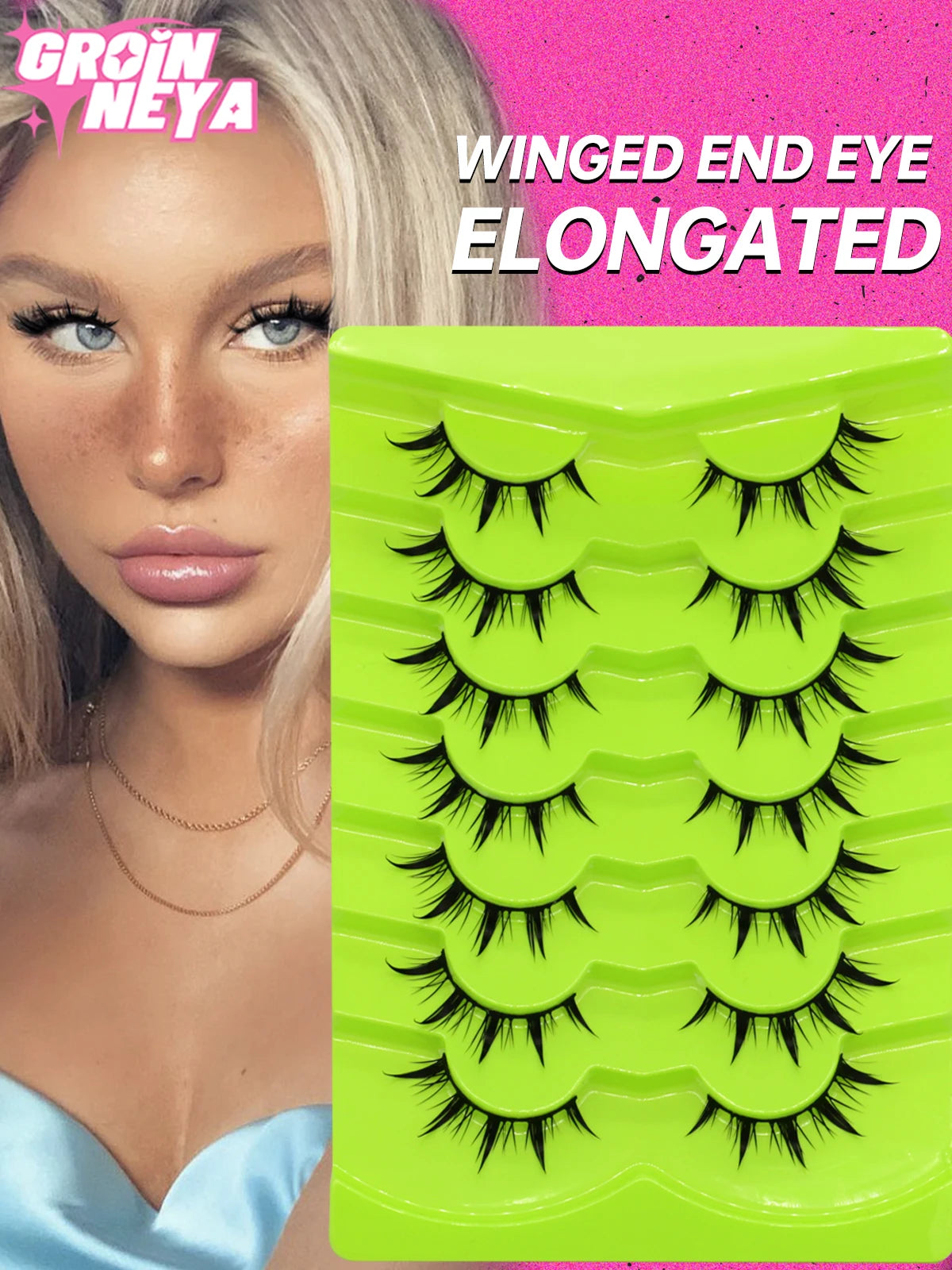 GROINNEYA Cat Eye Lashes Natural long Manga Lashes Faux Mink Eyelashes Winged End Eye Elongated Eyelashes Fake Lashes Soft