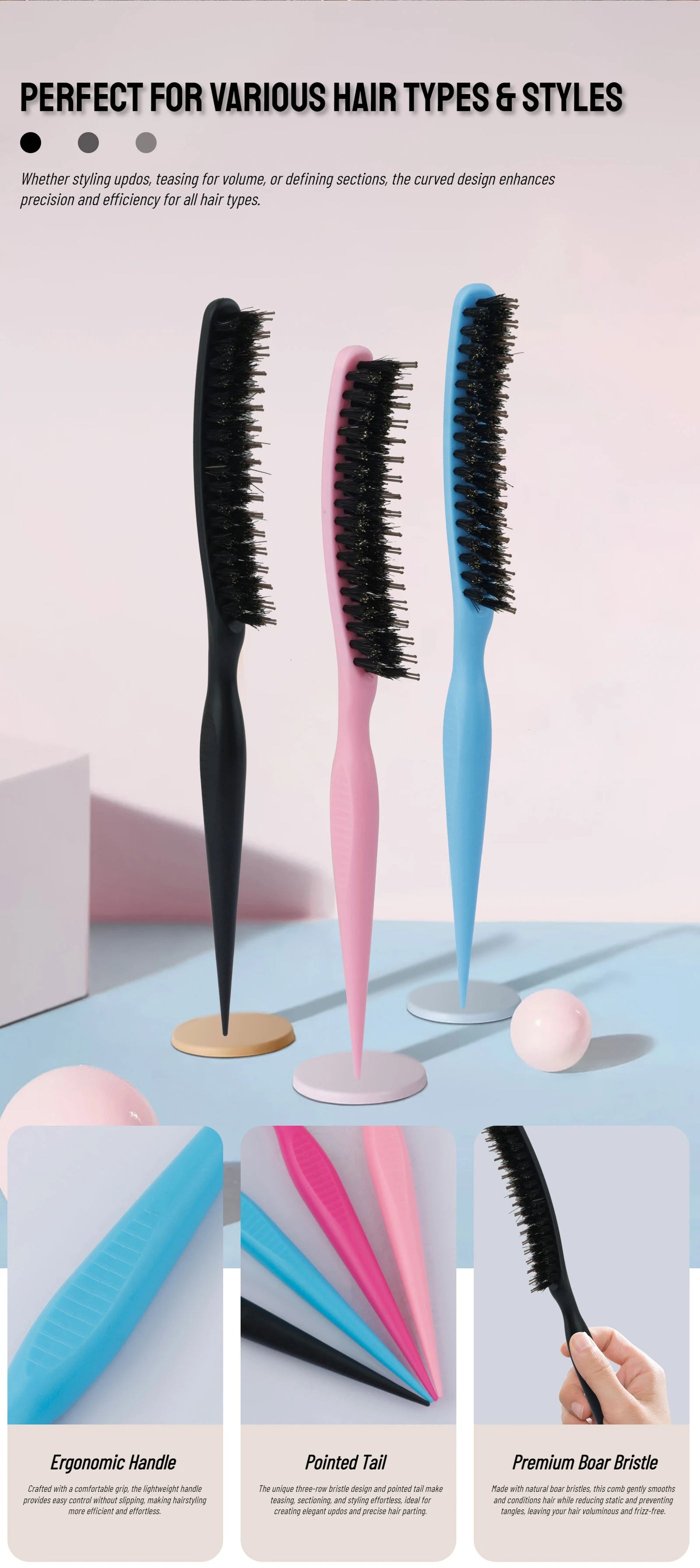 1Pcs Professional Teasing Backcomb Hair Brush - Volumizing & Lift Styling Tool for Big Hair, Updos & Wedding Styles