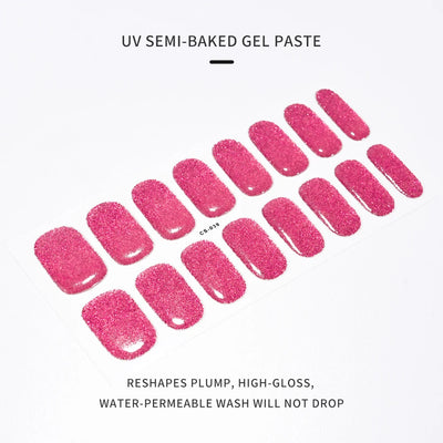 Semi-Cured Gel Nail Sticker 16Tips Glitter Pink UV Gel Nail Glitter Stickers Full Cover Long-Lasting UV Lamp Cured Manicure Tips