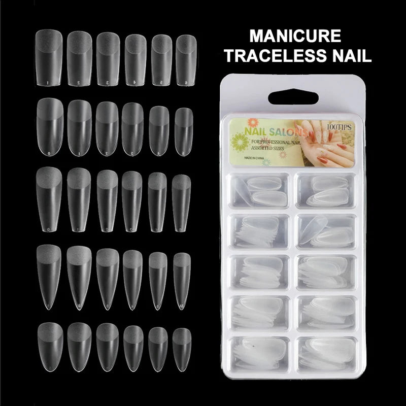 100pcs/Box Clear Seamless Acrylic Press on False Nails T-shaped Nails Water Drop Nails Tips for Extension Manicure Tools