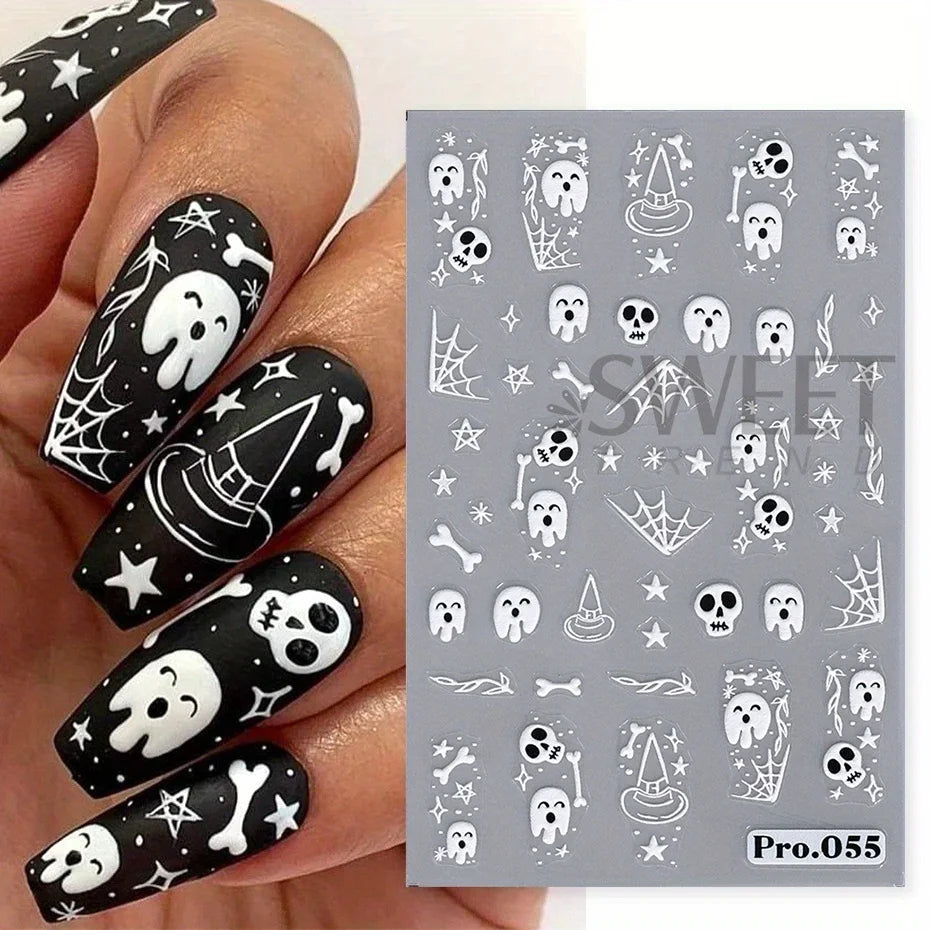 Cartoon Ghost Pumpkin Nail Art Stickers Cute Halloween Spooky Glamour Spider Web Skull Design Magic Festive Decor Manicure Foils