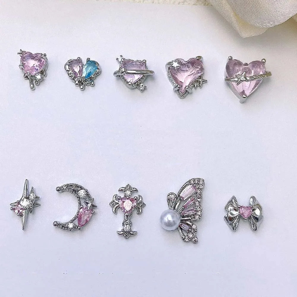 5pcs Pink Zircon Alloy Love Nail Art Charm 3D Bow Heart Moon Butterfly Planet Nail Decoration DIY Simple Design Nail Accessories